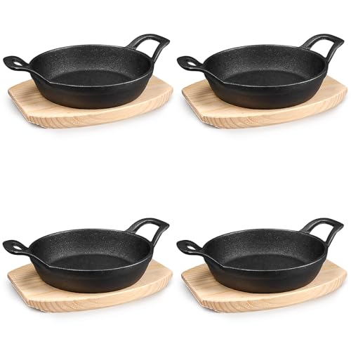 4er Set Kleine Gusseisenpfanne mit Holzsockel, 16cm Mini...