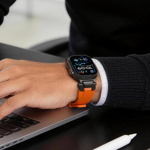 Image of ULTIMAL Rugged Band for Apple Watch Ultra 3 /2 /1 49mm, Series 11 /10 /9 /8 /7 /6 /5 /4 SE 46mm /45mm /44mm, Waterproof, Soft TPU Strap with Stainless Steel Buckle & Connectors, Sweat-Resistant, Easy to Clean, Fits 155-225mm Wrist (Black /Orange)