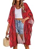 Womens Swimsuit Coverups Summer Loose Cardigans for Swimwear Lightweight Beach Kimono(Red Black Line,3XL)