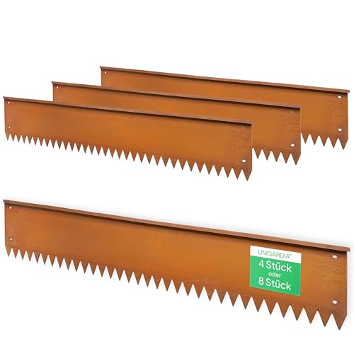 UNIGARDIA Rasenkante aus Cortenstahl 8 m (8 Stück) - 1 cm breiter Rand - Robuste Metall-Beetkante 20 cm hoch für Wege & Beete - vorgerostete Beetbegrenzung für gerade Linien
