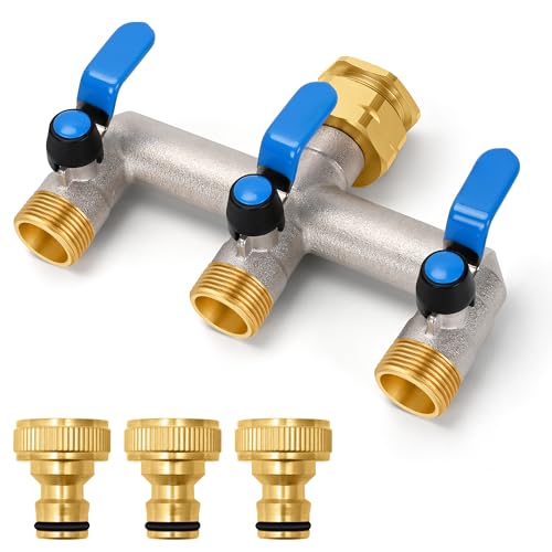 Wasserverteiler 3Fach, Durchflussstarker Wasserverteiler 3 Wege, Garten Verteiler mit drei blauen Verlängerungsgriffen aus Edelstahl 304, 1 Zoll Adapter für Haus, Hof/Waschmaschine (Großer Strom)