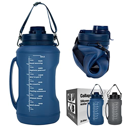 Coolnice Zusammenklappbare Wasserflasche mit Trinkzeiten, 200 ml, motivierende Flasche mit Strohhalm und Gurt, wiederverwendbar, auslaufsicher, BPA-frei, für Sport, Fitnessstudio, dunkelblau Cover