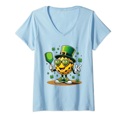 Mujer Divertido sombrero de pickleball de la suerte para el día de San Patricio, trébol irlandés Camiseta Cuello V