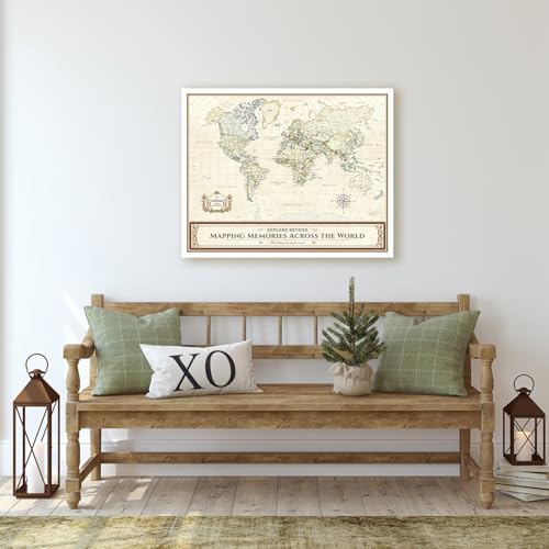 Image of DECORARTS - World Travel Map with Pins, Pin Board Canvas Wall Art, Colorful Classic Maps for Wall Decor, Giclee Print on Canvas, Handcrafted in USA, 20x16''