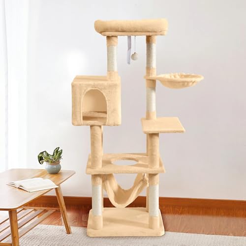 キャットタワー 猫タワー 大型猫 多頭飼い 据え置き スリム 中型 大型 ハンモック付 おしゃれ かわいい おもちゃ 運動不足 安定 頑丈 爪とぎ 爪研ぎ 麻紐 子猫 シニア 省スペース 140cm ファー ベージュ