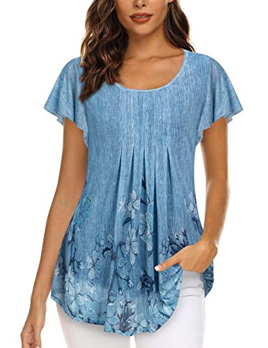 Gaharu Festliche Blusen Damen zur Hochzeit Lang Elegante Oberteile Feierliche Abendblusen für Frauen Party Damentops Blumen Druck Kurzarmshirt Freizeit Shirt Drapiert Glanz Tunika Top Blau-Blumen,XL