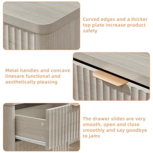 Image of LEYAOYAO 23 inch Wide Fluted Night Stand with Charging Station, 3 Drawers Large End Table with Storage, LightGrey Nightstand Wood Bedside Tables, Farmhouse Cabinet Dresser for Bedroom, Closet