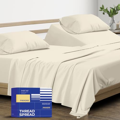 Image of THREAD SPREAD Split King Sheet Set, Luxury 1000 Series Paradise Collection 100% Egyptian Cotton Split King Sheets Sets for Adjustable Bed (5 PC, Ivory), Soft, 16 inch Deep Pocket Hotel Sheets