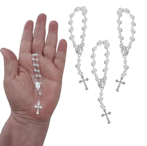 Conjunto de 20 Mini Terços com Contas de Pérolas Plásticas de 5mm e Detalhes Prateados, Ideal para L