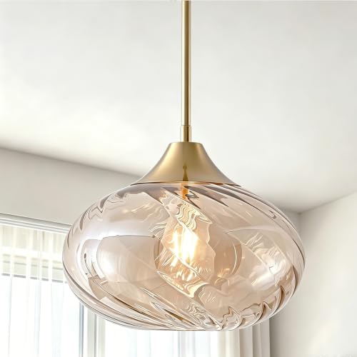 MKONOL 11'' Glass Pendant Light for Kitchen Island, Gold Pendant Light Fixture, Modern Hanging Ceiling Light with Striped Amber Glass Shade for Farmhouse Dining Room Bedroom Hallway