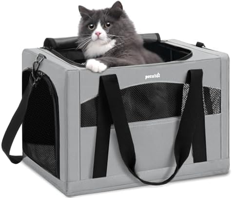 pecute Katzentransportbox Faltbar, Tasche für Katzen & kleine Hunde,Grau | Stabiler Stahlrahmen, weiche Transporttasche bis 5kg, ideal für Auto & Reisen, leicht, faltbar, sicher