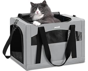 pecute Katzentransportbox Faltbar Stabiler Halt Haustier Tragetasche, Transportbox Katze Leicht, Faltbar Katzen Tasche für Katzen und kleine Hunde, ideal für Reisen, Grau