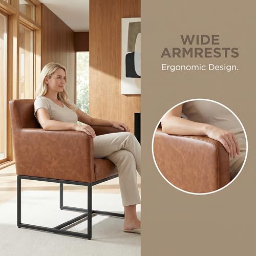 Image of HNY Mid Century Modern Upholstered Dining Chairs with Arms Set of 2, Faux Leather Accent Chairs with Black Finish Metal Frame, 19 inch Wide Arm Chairs for Living Room Kitchen Bedroom, Brown