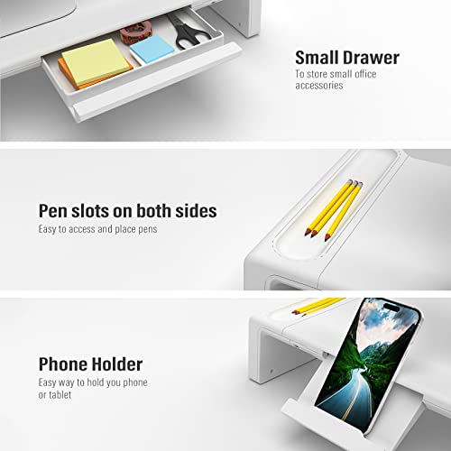 OImaster Monitor Stand Riser with Drawer - Adjustable Foldable Computer Monitor Stand for Desk, Desktop Organizer with Phone Holder & Pen Slot, Space Saving Laptop Riser for Home Office, White by OImaster - Image 2