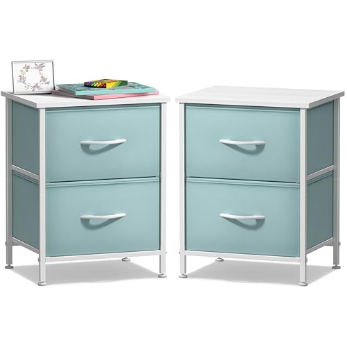 Sorbus Nightstand with 2 Drawers - Kids Bedside Furniture End Table Night Stand - Steel Frame, Wood Top & Easy Pull Fabric Bins - Dresser & Chest for Home, Bedroom Accessories, Office & Dorm (2 Pack) -  DRW-2D-2PK-AQ