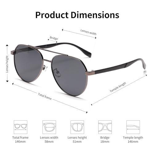 Image of Premium Aviator Sunglasses, Full UV Protection, Gunmetal Grey Frame with Grey Polarized Lenses