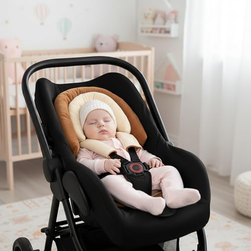 Image of Baby Car Seat Head Body Support & Strap Covers, 2 in 1 Infant Car Seat Insert, Reversible Soft Breathable Newborn Cushion Pads for Preemie, Perfect for Baby Carseats, Strollers, Swings (Brown)