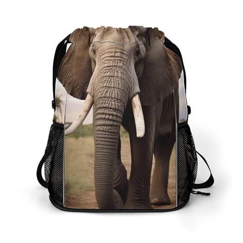 Elephant Drawstring Backpack, Dry Wet Separate Gym Bag Unisex Sports Drawstring Bag for Work, Fitness