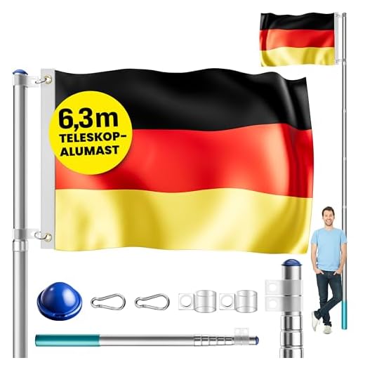 Monzana Aluminium Teleskop Fahnenmast 6,30m Bodenhülse 60cm inkl Deutschlandfahne Flaggenmast Mast Flagge Alu