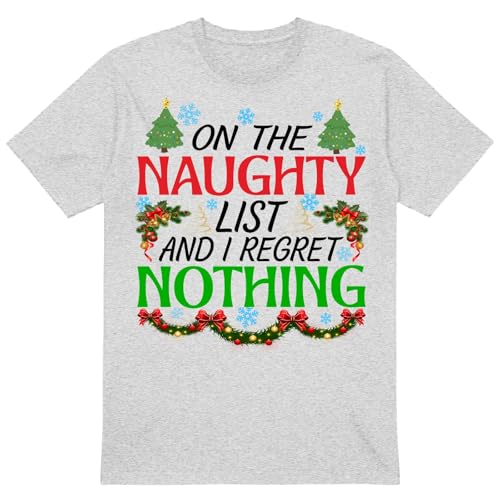 PB TECH Funny Christmas Family T-Shirt - On Naughty List and I Regret Nothing Santa Christmas T-Shirt, Funny Santa Shirt for Women and Men Unisex (UK, Alpha, L, Regular, Regular, Grey)