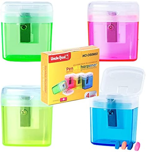 4 Pcs Manual Pencil Sharpeners with Cover Portable Pencil Sharpener for Kids Students School Home Office Supply with 4 Pcs Erasers OS0603