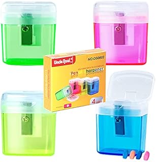 4 Pcs Manual Pencil Sharpeners with Cover Portable Pencil Sharpener for Kids Students School Home Office Supply with 4 Pcs Erasers OS0603
