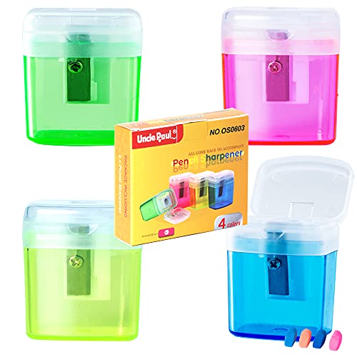 4 sacapuntas manuales con tapa, sacapuntas portátiles para niños, estudiantes, escuela, hogar, oficina, suministros con 4 gomas de borrar OS0603