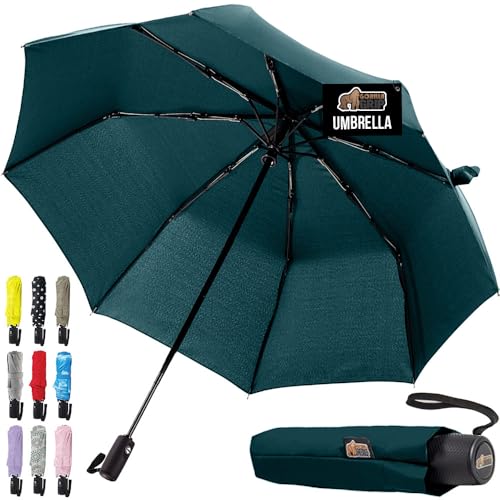 GORILLA GRIP Compact Stick Umbrella for Rain, Travel One-Click Automatic Open Close, Lightweight, Portable, US Designed Reinforced Fiberglass Ribs, Wind Resistant Easy Collapse, Hunter Green