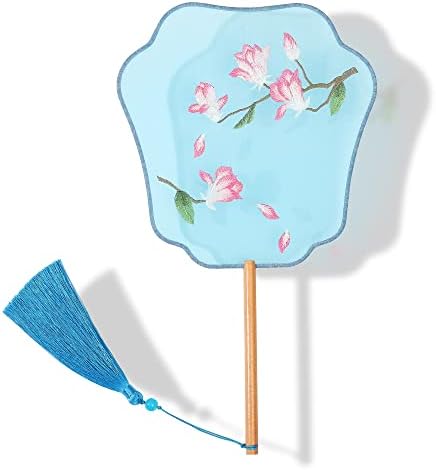 YUELAI Translucent Silk Embroidered Hand Held Fan, Chinese Round Fan, Ancient Hand Fan,Traditional Palace Paddle Dance Fan, Vintage Double-Sided Pattern Fan (Bule Magnolia)