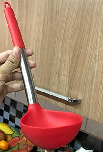 Kit 4 Utensílios Silicone Cabo Proteção Colher Concha Escumadeira Espátula Vermelho