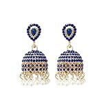 CZ Jhumki Bell Imitation Pearl Beaded Tassel Dangle Drop Earrings for Women Dainty Gold-tone Crystal Bohemian Vintage Indian Statement Dangling Lightweight Traditional Fashion Jewelry (Blue)