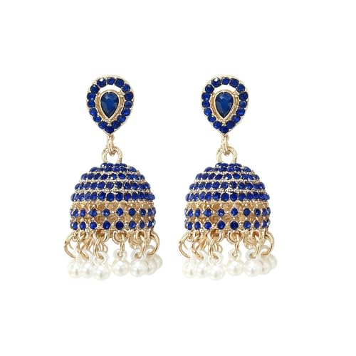 CZ Jhumki Bell Imitation Pearl Beaded Tassel Dangle Drop Earrings for Women Dainty Gold-tone Crystal Bohemian Vintage Indian Statement Dangling Lightweight Traditional Fashion Jewelry (Blue)