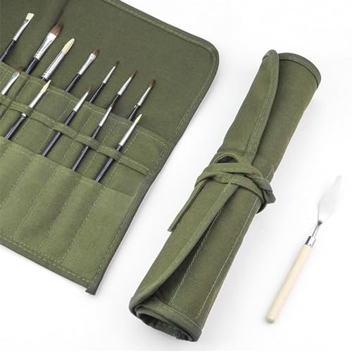 Image of Green Canvas Paint Brush Holder Roll-up Case Bag, 30 Slots Pockets Carry Pouch Artist Brush Storage Organizer, 19.1 inch L x 12.99 inch W