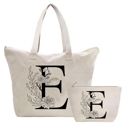Toozen Personalizadas Bolso Tote de Mujer con Inicial, Bolsa de lona con Bolsillo Interior, Bolsa de Compras con Bolso de Cosméticos, Regalos para Damas Mejor Amigas Mamá, Regalo Cumpleaños Navidad E