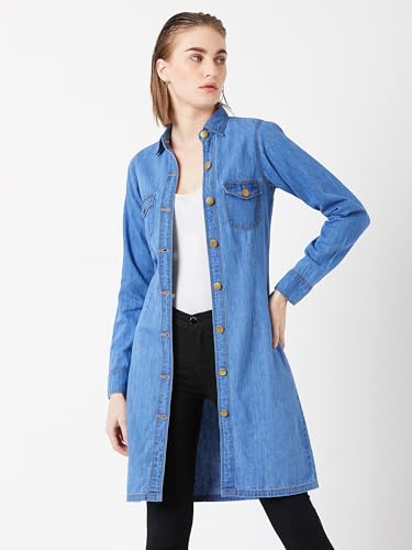 Image of Miss Chase Women's Polo Neck Full Sleeves Patch Pocket Denim Overcoat Knee-Length Jacket
