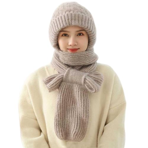Mujer Sólido Integrado Oreja Sombrero a Prueba de Viento Bufanda con Capucha Bufanda Invierno Bufanda 2 en 1 Sombrero de Punto, gris, Talla única