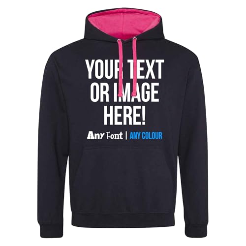 Purple Print House Custom Varsity Hoodie Mens Hoody Personalised Printed Any Text Image Logo Workwear Company Contrast Colours, XL, Black/Pink