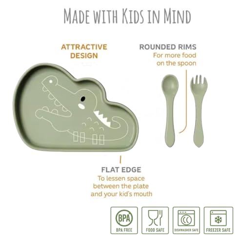 Image of TIGGY & BONNET Crocodile 2 Pcs Silicone Baby Feeding Set for Baby Bpa-Free | Microwave Safe, Anti-Slip Base | Tableware Kit for Babies & Toddlers with Suction Plate & Spoon