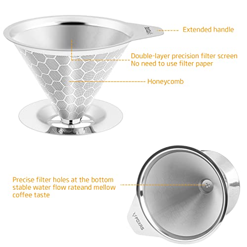 Foxas Pour Over Coffee Dripper Filter, Reusable Stainless Steel Metal Pour Over Coffee Maker Cone,Paperless Permanent Coffee Strainer,Coffee Mesh Filters For 1-4 Cup With Base And Cleaning Brush #TOP1