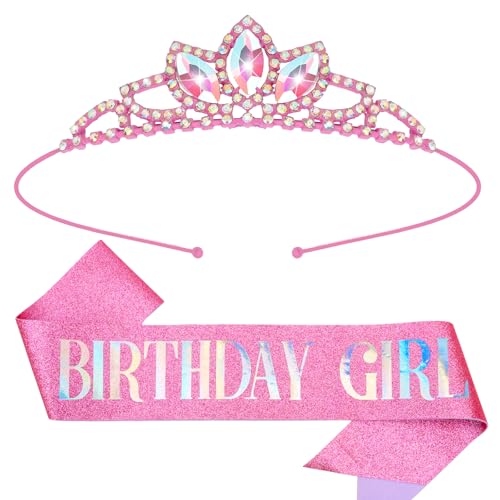 CIEHER Birthday Girl Headband Crown for Women & Girls - Pink Glitter Letter Tiara - One Size Fits All - Birthday Decoration & Gift
