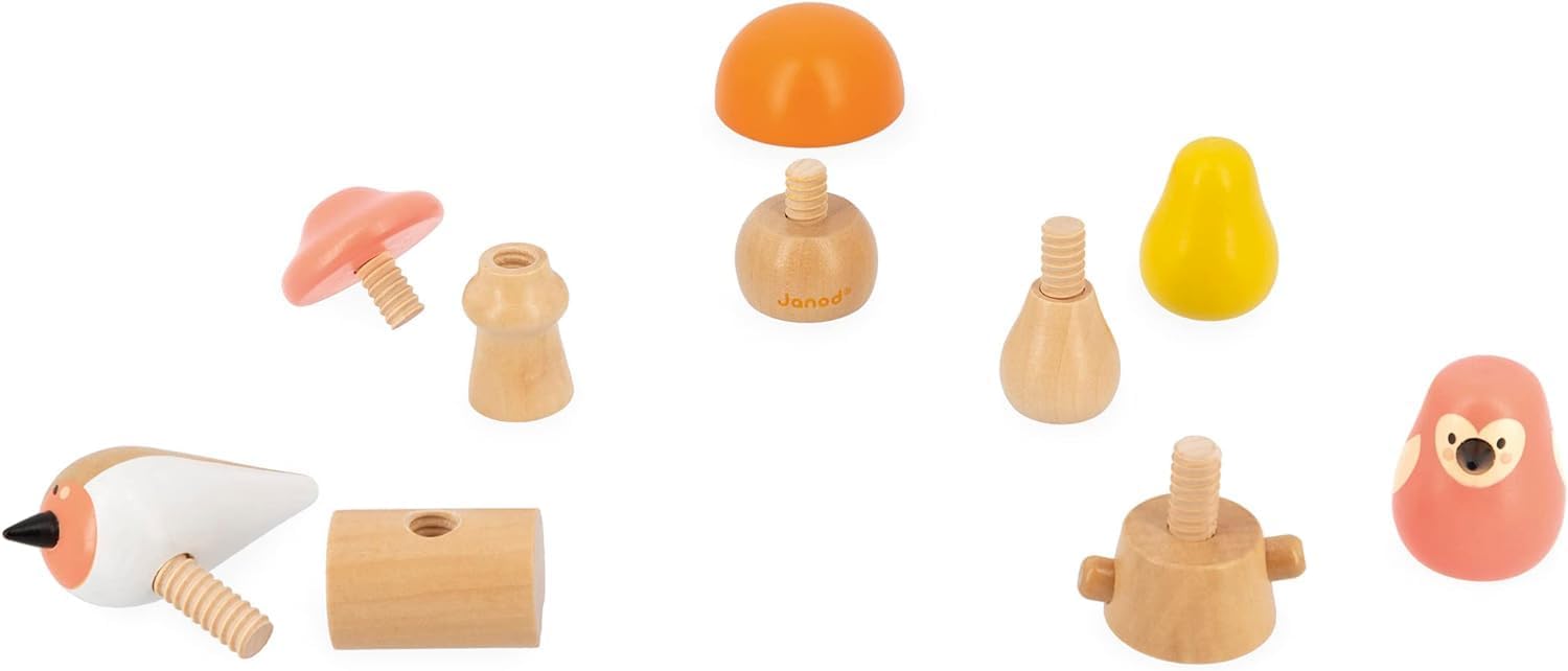 Janod 2 Birds and 3 Screw-On Mushrooms for Awakening and First Age Develops Dexterity - FSC-WWF Partnership Wooden Toy from 18 Months, Multicoloured, One Size