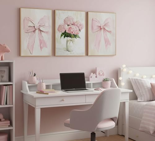 Image of 3Pcs Trendy Pink Bows Canvas Wall Art for College Apartment Bedroom Decor