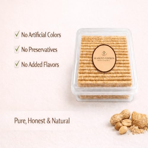 Image of Season's Edition Thin Peanut Chikki-250 gm | Easy to Bite, Soft Crunch, Ideal for Kids & Seniors | Nutritious, Delicious, High Protien, Healthy Gajak Snack with Crushed Peanuts & Jaggery | No Added Preservatives or Colors