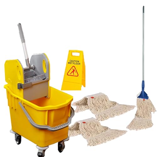 Complete 25l Mop and Bucket Set With Warning Sign by Bayersan- Full Floor Cleaning Bucket & Cleaning Bundle Kit For Household & Commercial Use - 3 X Squeeze Mop Heads (Yellow)