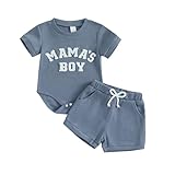 Douhoow Baby Boy Summer Outfits Short Sleeve Mamas Boy Little Dude Embroidery Boy Romper Shorts Set Infant Waffle Clothes (Light Blue, 0-3 Months)