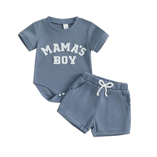 ZAXARRA Newborn Baby Boy Summer Outfits Mama's Boy Little Dude Letter Embroidery Romper Solid Shorts Infant Waffle Clothes (Blue1, 0-3 Months)
