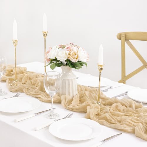 Image of MLMC 2 Pack Champagne Cheesecloth Table Runner 10ft Sand Rustic Gauze Cheese Cloth Table Runner 35x120 Inches for Farmhouse Cozy Holiday Outdoor Events Home Decor