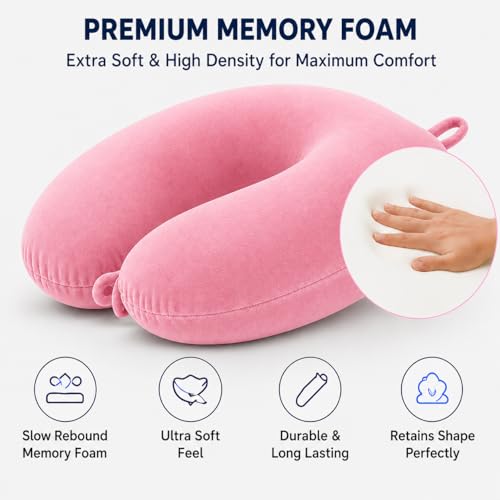 Image of Restify Premium Memory Foam Travel Neck Pillow with Eye Mask | Soft Velvet U Shape Neck Support Cushion for Flight, Airplane, Car & Office Travel | Portable Pillow for Men & Women | Pink