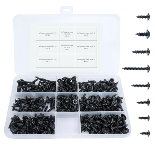 YZZAOO 350 Piezas de Tornillos Autorroscantes M3 M3.5 M4 M4.8 Tornillos de Cabeza Phillips Tornillos Autorroscantes de Acero Al Carbono Tornillos Roscachapas ara Metal, Madera, Plástico, Negro