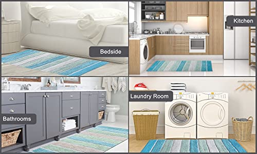 Chardin Home Cordural Stripe Bath Rug Runner With Skid Resistant Latex Spray Underneath.aqua Turquoise, 24" W X 60'' L #TOP5